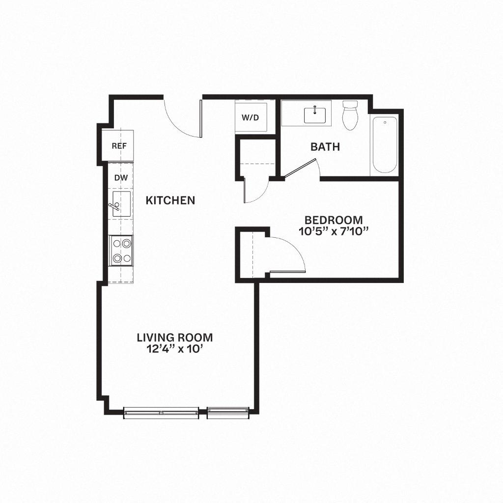 Floor plan for 1 bed, 1 bath, 542 sqft